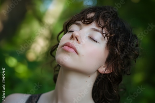 A woman with curly hair is looking up at the camera. She has a peaceful expression on her face