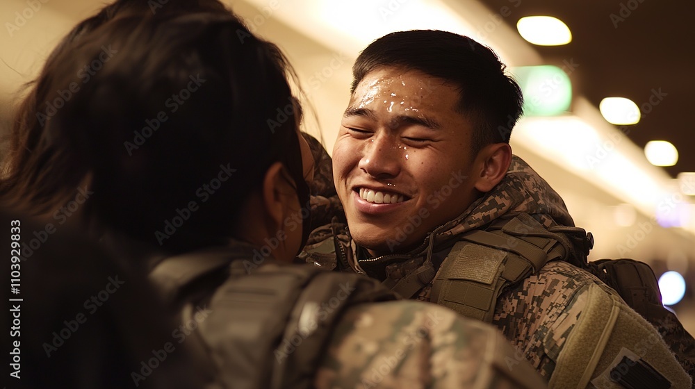 A joyful reunion between a soldier and loved one, capturing smiles and emotions in a warm, intimate setting. A joyful reunion between a soldier and loved one, capturing smiles and emotions in a warm, intimate setting.