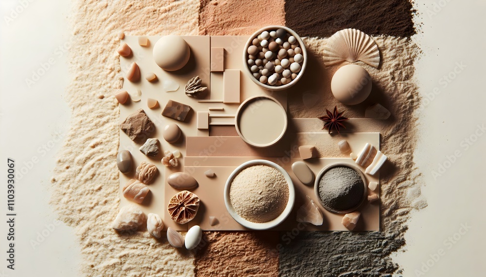 Earth Tone Beauty Ingredients: Flat Lay of Natural Powders, Stones, and Beads on Textured Background. Earth Tone Beauty Ingredients: Flat Lay of Natural Powders, Stones, and Beads on Textured Background.