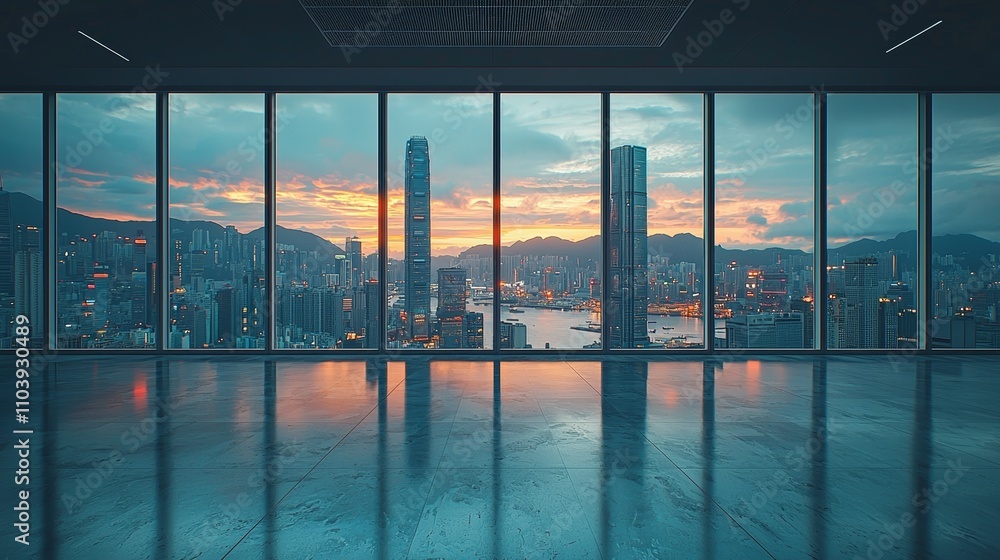 Fototapeta premium Imagine an empty square floor with the city skyline as the background, no people or cars, high resolution, high quality, high detail, clear focus, studio photos, inventory photography, color grading, 