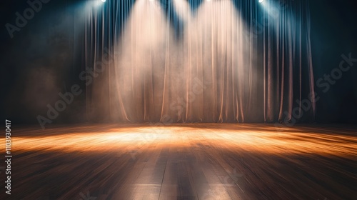 Lit Stage With Dark Curtains And Wooden Floor