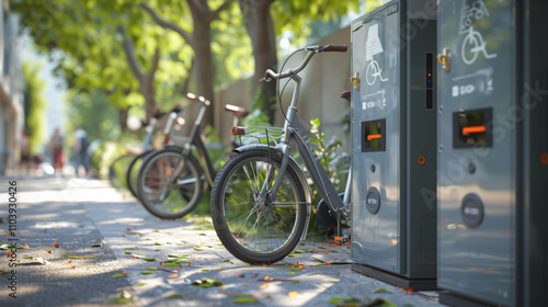 detailed perspective of bicycle sharing station featuring parked bicycles along tree lined path. scene captures vibrant urban environment, promoting eco friendly transportation