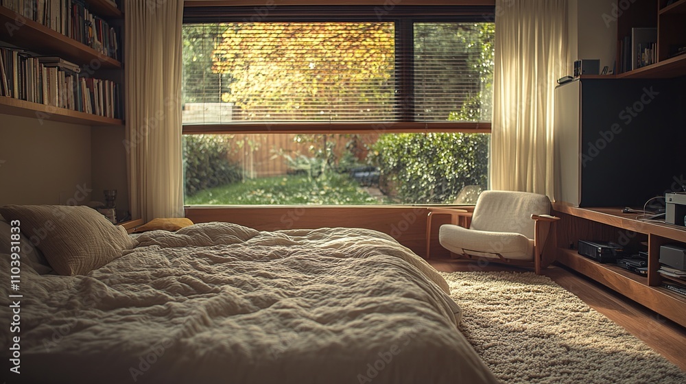 Fototapeta premium Cozy bedroom with a large window showcasing a serene outdoor view.