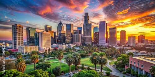 Vibrant Los Angeles Downtown Skyline at Sunset with Lush Greenery in the Foreground and Clear Blue Skies, Perfect for Urban Aesthetic Visuals and Travel Inspiration