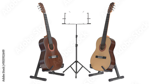 Two acoustic guitars on stands with a music stand in between, ready for practice or performance. photo