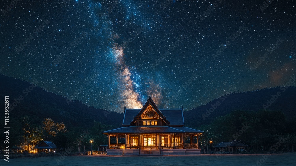 Obraz premium A serene night scene of a wooden house under a starry sky, showcasing the Milky Way.