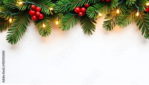 Festive border composed of vibrant green fir branches intertwined with warm gold fairy lights each light emitting a soft glow and accented with clusters of red berries isolated on a white background photo