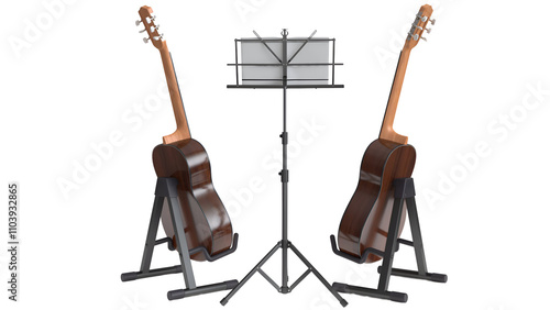 Fotografie Two acoustic guitars on stands with a music stand in between, ready for practice or performance