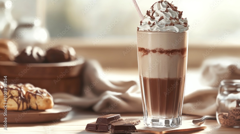 A delicious layered drink topped with whipped cream and chocolate, accompanied by pastries. A delicious layered drink topped with whipped cream and chocolate, accompanied by pastries.