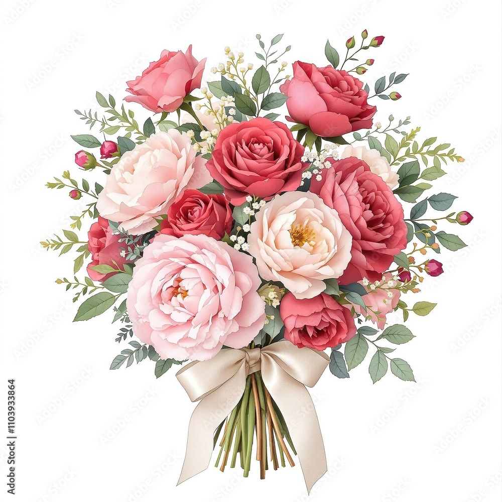 Obraz premium A watercolor bouquet of roses and peonies tied with a ribbon, creating a beautiful and elegant arrangement, peony flowers, watercolor bouquet, floral art