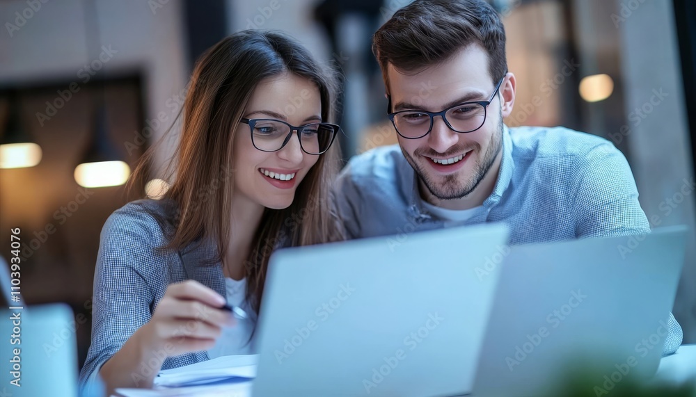 Happy business team collaborating in modern office, reviewing documents on laptop together Happy business team collaborating in modern office, reviewing documents on laptop together
