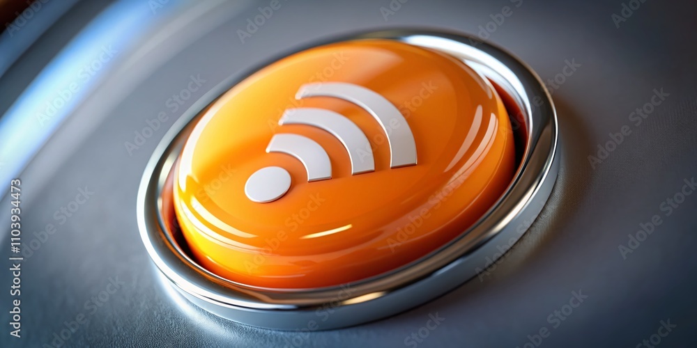 Vibrant Orange Glossy Web Button Featuring Prominent RSS Sign for Engaging Digital Content and Modern User Interfaces in High Depth of Field Photography Vibrant Orange Glossy Web Button Featuring Prominent RSS Sign for Engaging Digital Content and Modern User Interfaces in High Depth of Field Photography
