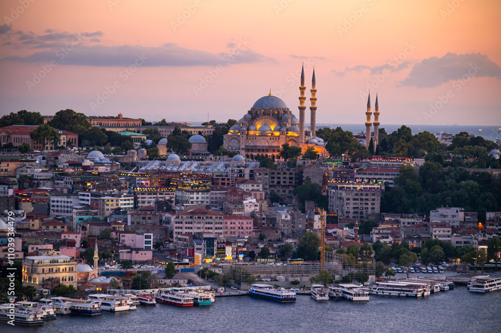 Istanbul city of sunset citycape is beautiful scenery of summer with lifestyle travel, tourism and vacation in Istanbul town buildings .Turkey.