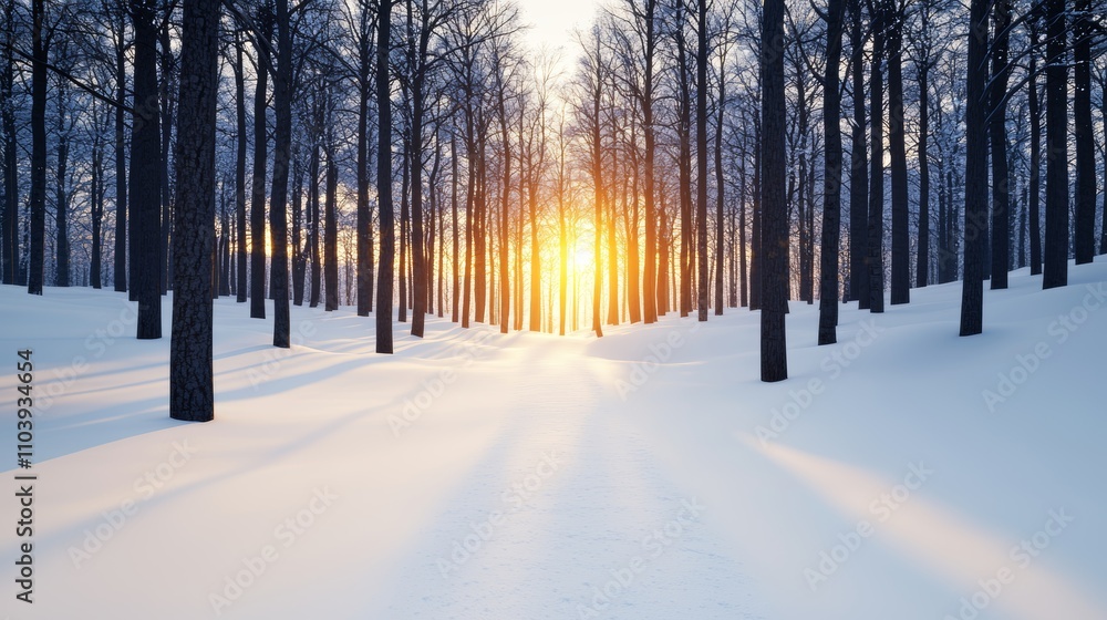 Sunlit Snow Path Through a Winter Forest, Serenity at Sunset Sunlit Snow Path Through a Winter Forest, Serenity at Sunset