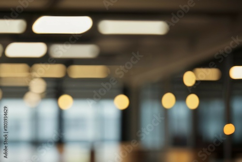 Blurred office lights. Abstract office background conveying calmness and productivity. Soft focus highlights modern workspace ambiance.
