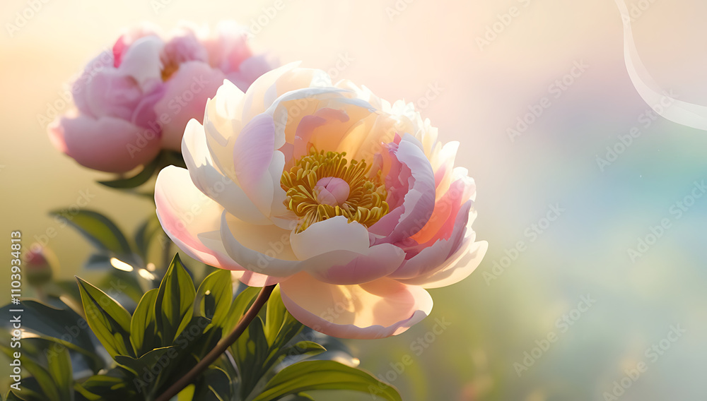 Obraz premium In the morning, beautiful peony flowers glisten with dew drops. The soft pink petals are delicately layered, aesthetic peony flowers Created with generative AI