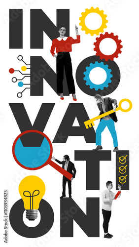 Creative visualization of innovation in business with gears, light bulbs, professionals and conceptual typography. Progress and new ideas. Contemporary art collage. Concept of business. Vertical image photo