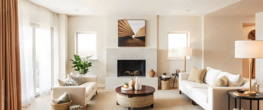 Modern Living Room: Neutral palette, fireplace, and minimalist decor for a warm and inviting ambiance. Modern Living Room: Neutral palette, fireplace, and minimalist decor for a warm and inviting ambiance.