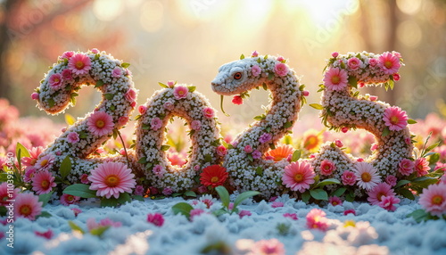 A snake made of flowers and the inscription 