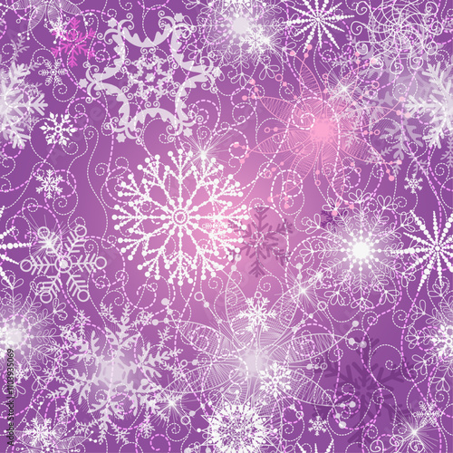 Seamless vector Christmas pattern with doodle snowflakes on a pink-violet gradient  background