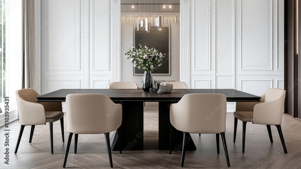 A sophisticated dining room features a large black table surrounded by cream chairs. A sparkling chandelier hangs overhead, complementing the elegant floral centerpiece A sophisticated dining room features a large black table surrounded by cream chairs. A sparkling chandelier hangs overhead, complementing the elegant floral centerpiece