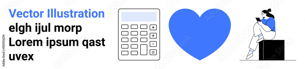 Young woman seated, reading a phone, alongside a calculator and blue heart symbol. Abstract text on the left. Ideal for education, finance, technology, health, lifestyle productivity design Young woman seated, reading a phone, alongside a calculator and blue heart symbol. Abstract text on the left. Ideal for education, finance, technology, health, lifestyle productivity design