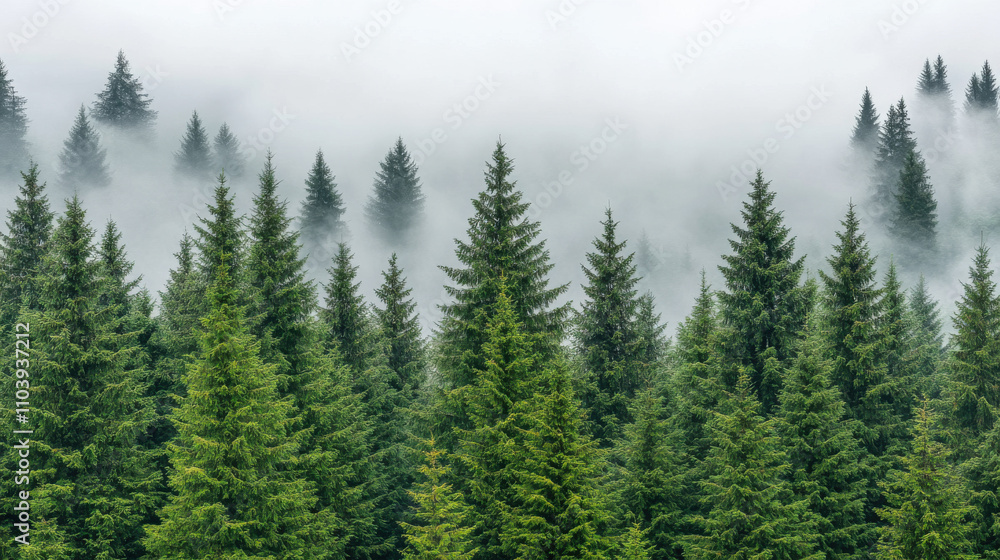 Lush green forest shrouded in fog, creating serene and mystical atmosphere. tall evergreen trees stand majestically, enhancing tranquil beauty of nature Lush green forest shrouded in fog, creating serene and mystical atmosphere. tall evergreen trees stand majestically, enhancing tranquil beauty of nature