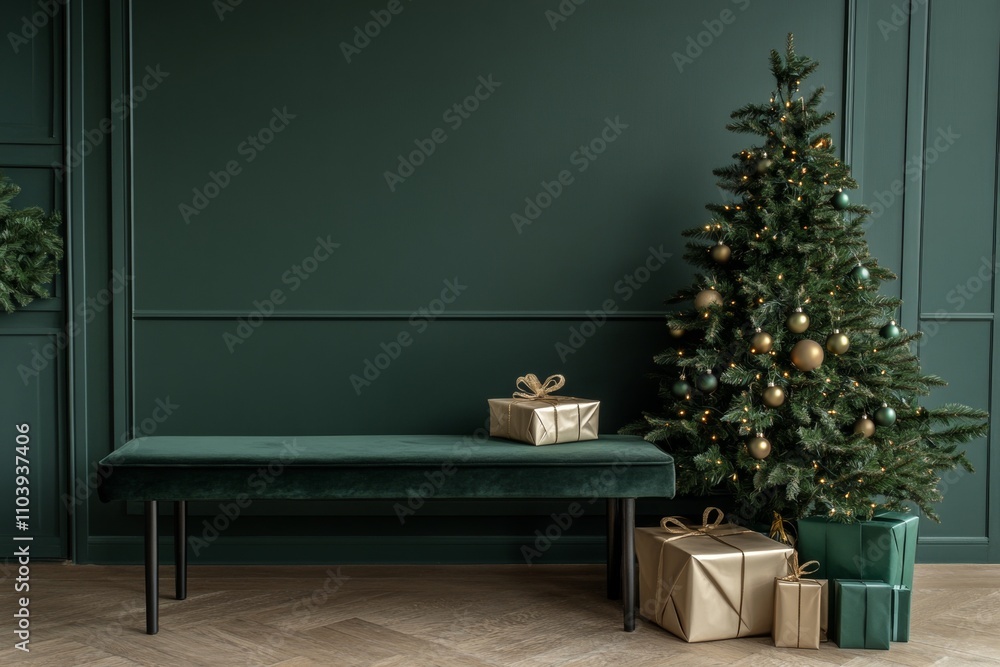 Minimalist living room with christmas tree and gifts on bench in green, black, and gold tones Minimalist living room with christmas tree and gifts on bench in green, black, and gold tones