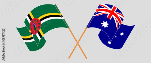 Crossed and waving flags of Dominica and Australia. Vector illustration