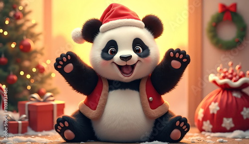 A panda bear wearing a red and white Santa hat and scarf