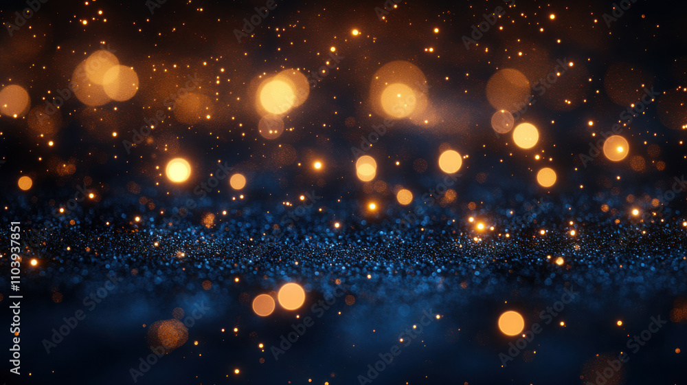 Naklejka premium Shimmering golden and blue bokeh lights create magical atmosphere, perfect for festive occasions or artistic backgrounds