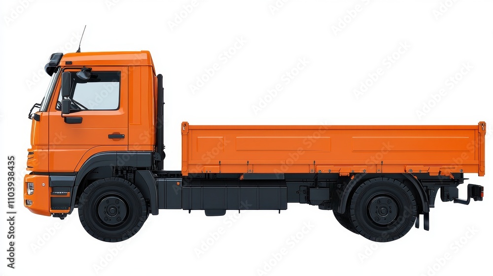 Detailed Side View of Bright Orange Dump Truck Isolated on White Background Detailed Side View of Bright Orange Dump Truck Isolated on White Background