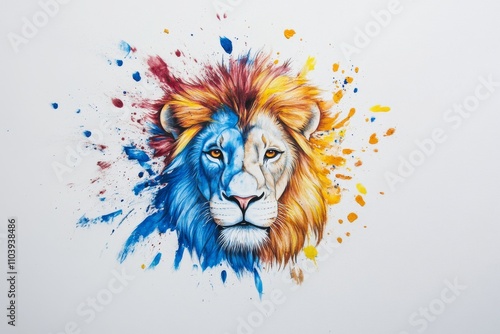 A vibrant, artistic illustration of a lion, split in color, featuring blue and orange hues with splashes of paint, symbolizing creativity and strength. photo