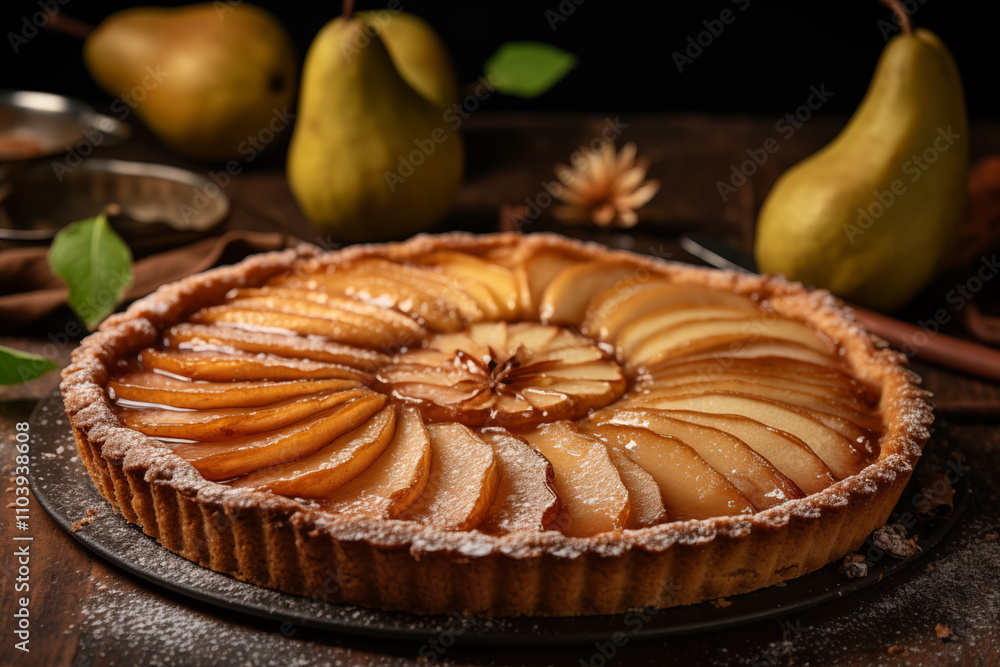 A beautifully baked rustic pear tart displayed on wooden table A beautifully baked rustic pear tart displayed on wooden table