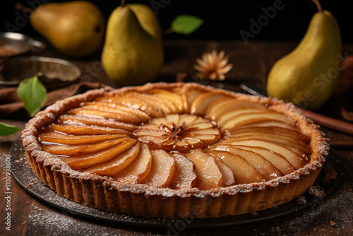 A beautifully baked rustic pear tart displayed on wooden table photo