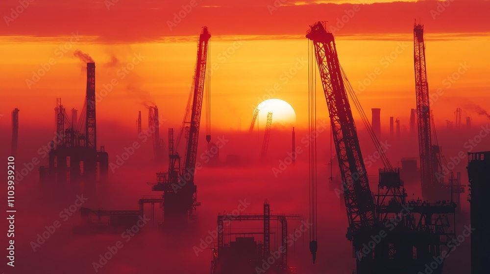 Breathtaking silhouettes of industrial cranes at sunrise over a misty cityscape with vibrant colors