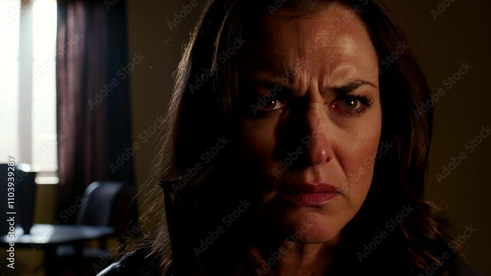 It's a good story of a woman with a stern expression in dim light
It's a good story of a woman with a stern expression in dim light