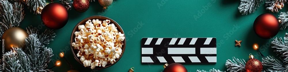 A Festive Environment Featuring a Bowl of Popcorn, Movie Clapperboard, and Christmas Ornaments Against a Green Background, Perfectly Capturing the Essence of Cozy Movie Nights and Holiday Celebrations A Festive Environment Featuring a Bowl of Popcorn, Movie Clapperboard, and Christmas Ornaments Against a Green Background, Perfectly Capturing the Essence of Cozy Movie Nights and Holiday Celebrations