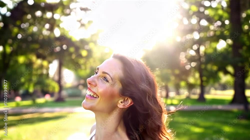 It's a good story of a woman smiling in a sunlit park
It's a good story of a woman smiling in a sunlit park