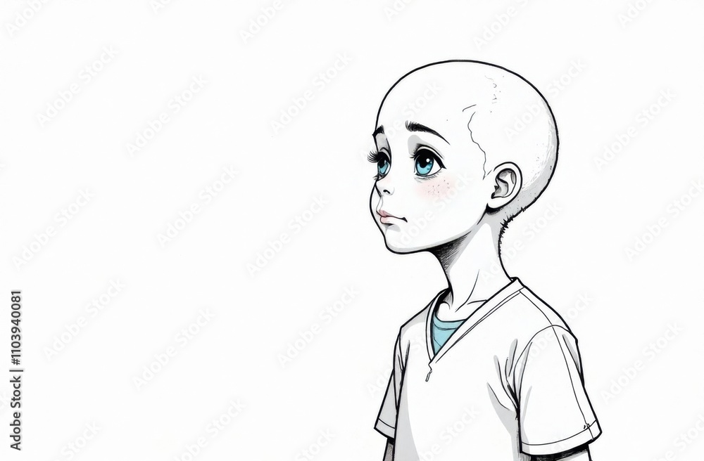 A young child with smooth skin and expressive blue eyes looks thoughtfully to the side. The background is plain and white. Generative AI A young child with smooth skin and expressive blue eyes looks thoughtfully to the side. The background is plain and white. Generative AI