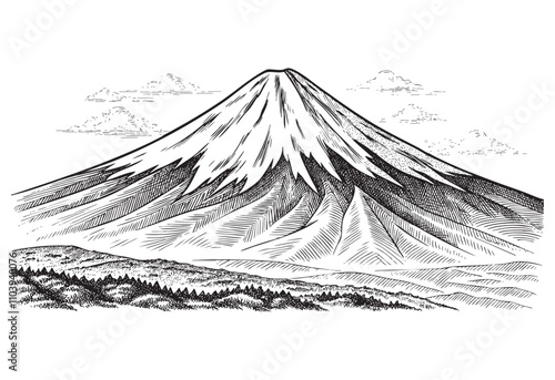 mountain fuji japan sketch hand dawn drawing vector illustration