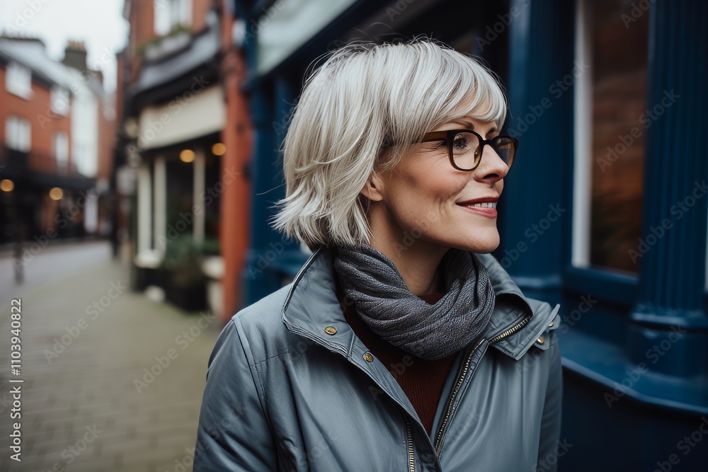 Portrait of a beautiful middle-aged woman with short white hair wearing glasses and a blue jacket walking in the city. Portrait of a beautiful middle-aged woman with short white hair wearing glasses and a blue jacket walking in the city.