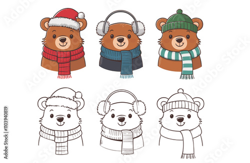 Baby bear dressed in winter outfit scarf, santa hat, earmuffs, beanie, vector illustration seat