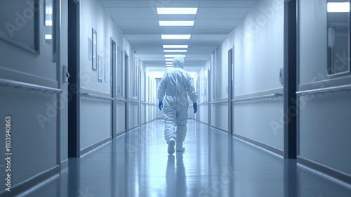 Healthcare worker walking down a hospital corridor medical facility image sterile environment perspective safety and care concepts