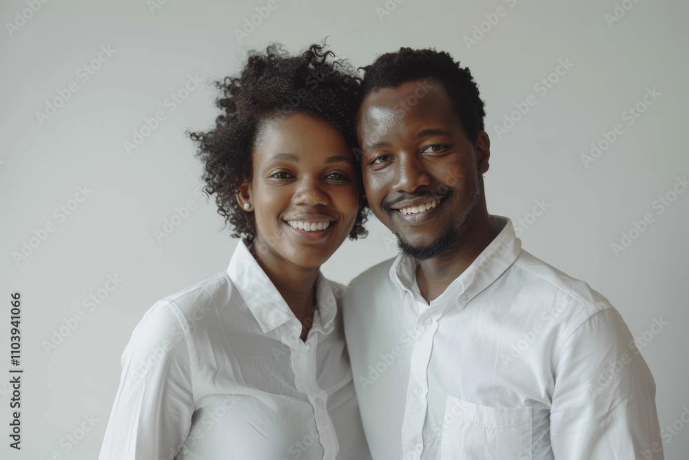 Portrait of a merry afro-american couple in their 30s wearing a classic white shirt isolated on blank studio backdrop Portrait of a merry afro-american couple in their 30s wearing a classic white shirt isolated on blank studio backdrop