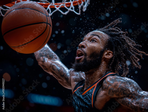 skilled basketball player performs powerful dunk showcasing athletic prowess and determination vibrant court filled excitement and energy amidst electrifying crowd photo