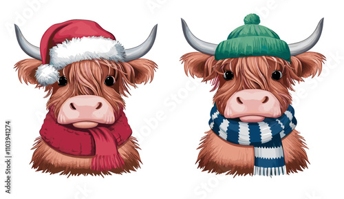 Highland cow dressed in winter outfit scarf, santa hat, earmuffs, beanie, vector illustration set
