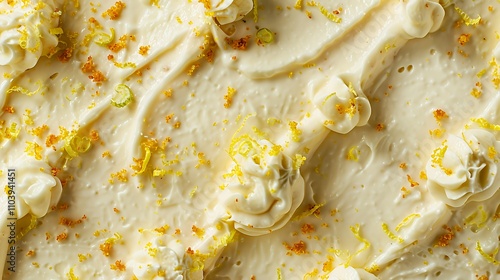A creamy dessert topped with decorative swirls and lemon zest.