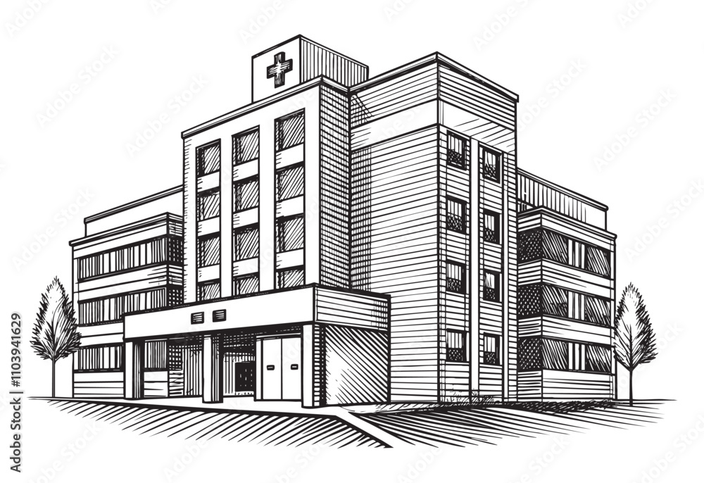 Fototapeta premium hospital building sketch hand dawn drawing vector illustration