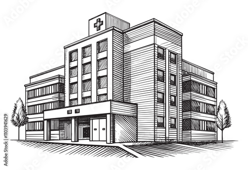 hospital building sketch hand dawn drawing vector illustration